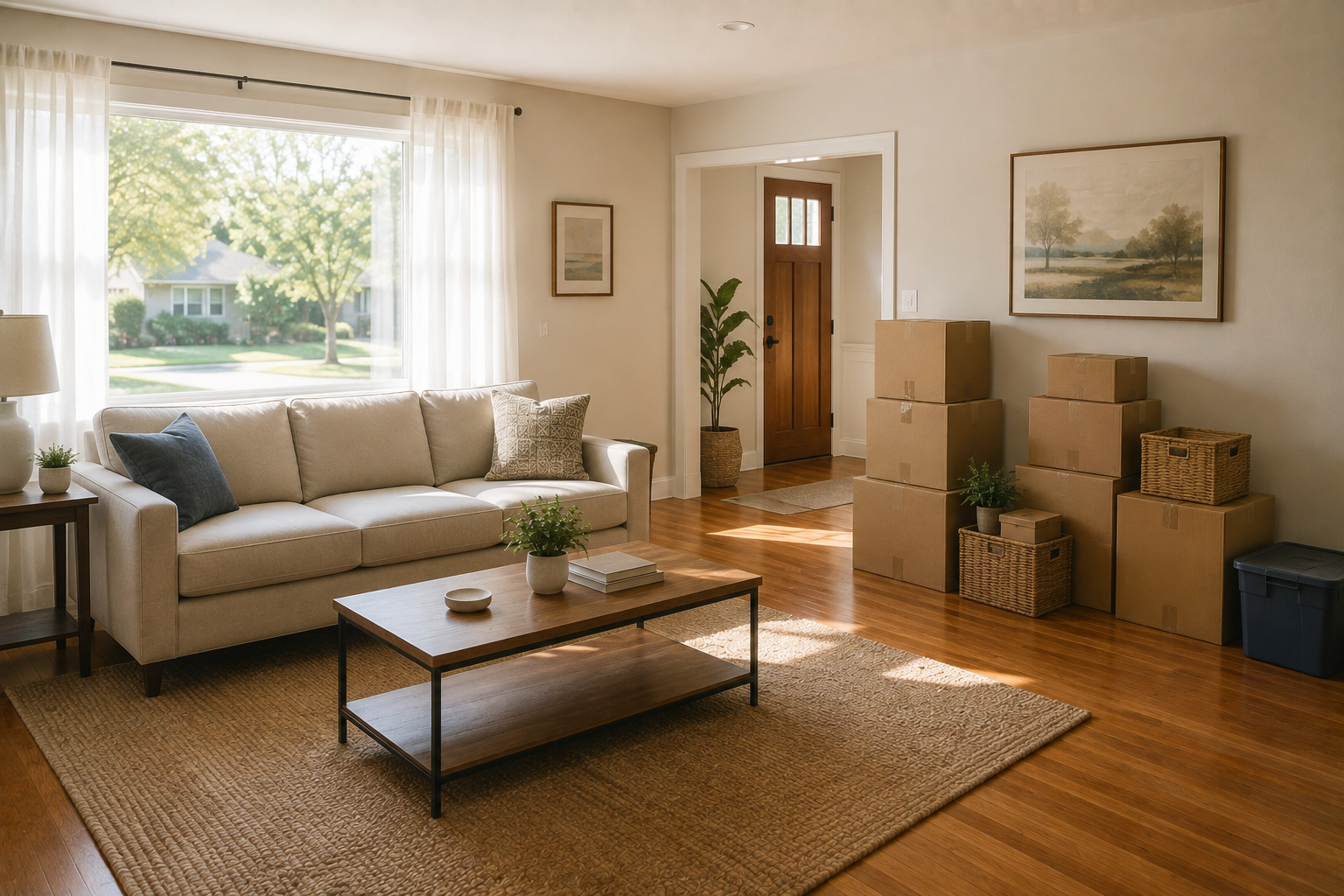 Decluttered, organized living room with neatly stacked moving boxes in a Central Orange County home