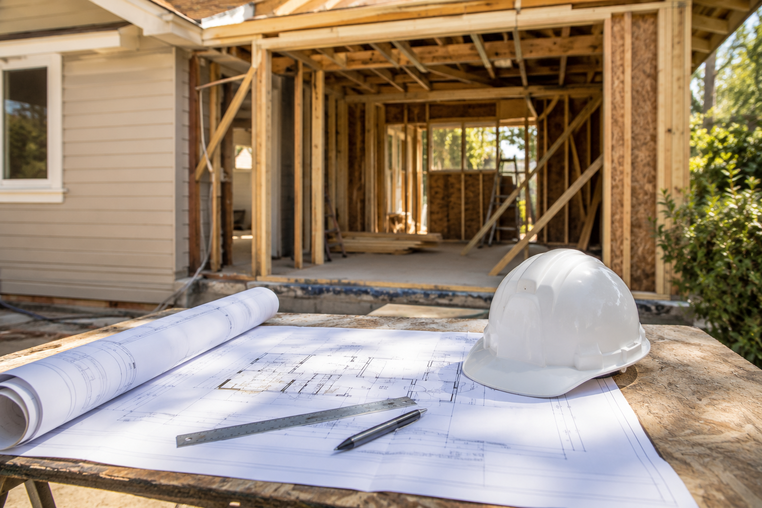 Licensed contractor reviewing permit plans for a Central Orange County home addition