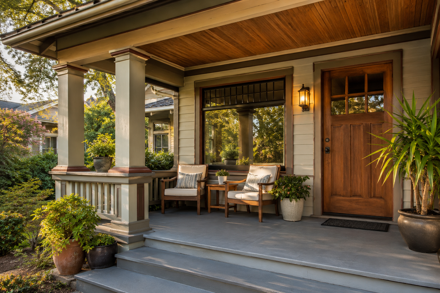 Craftsman bungalow front porch in Old Towne Orange historic district, California