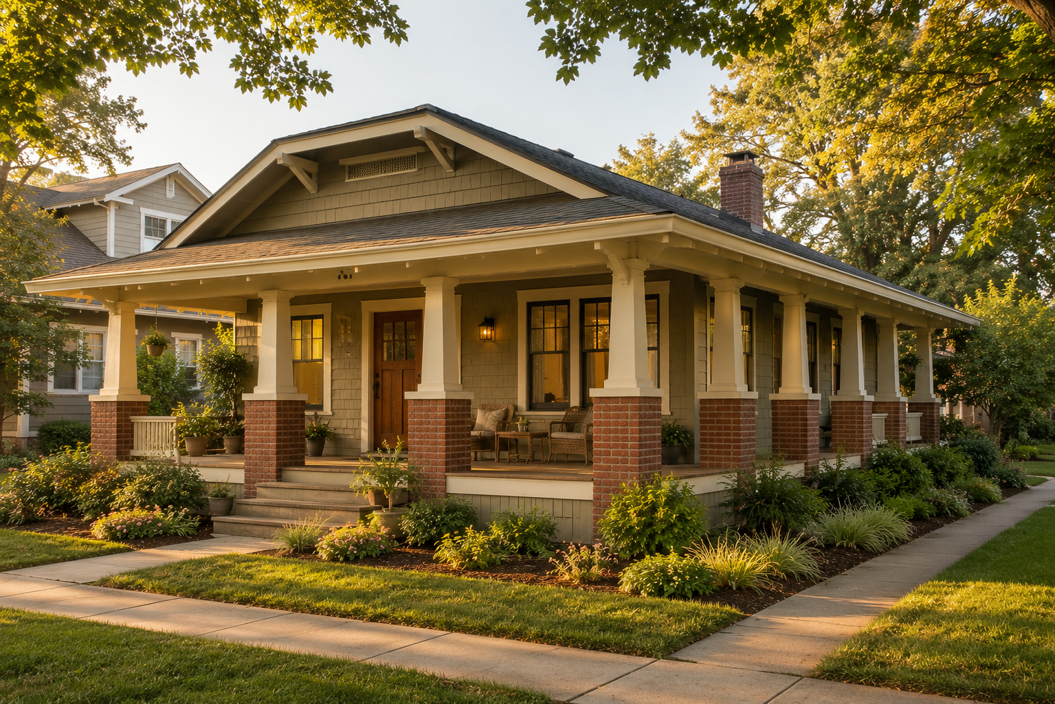 Craftsman-style family home exterior in Old Towne Orange, CA at golden hour