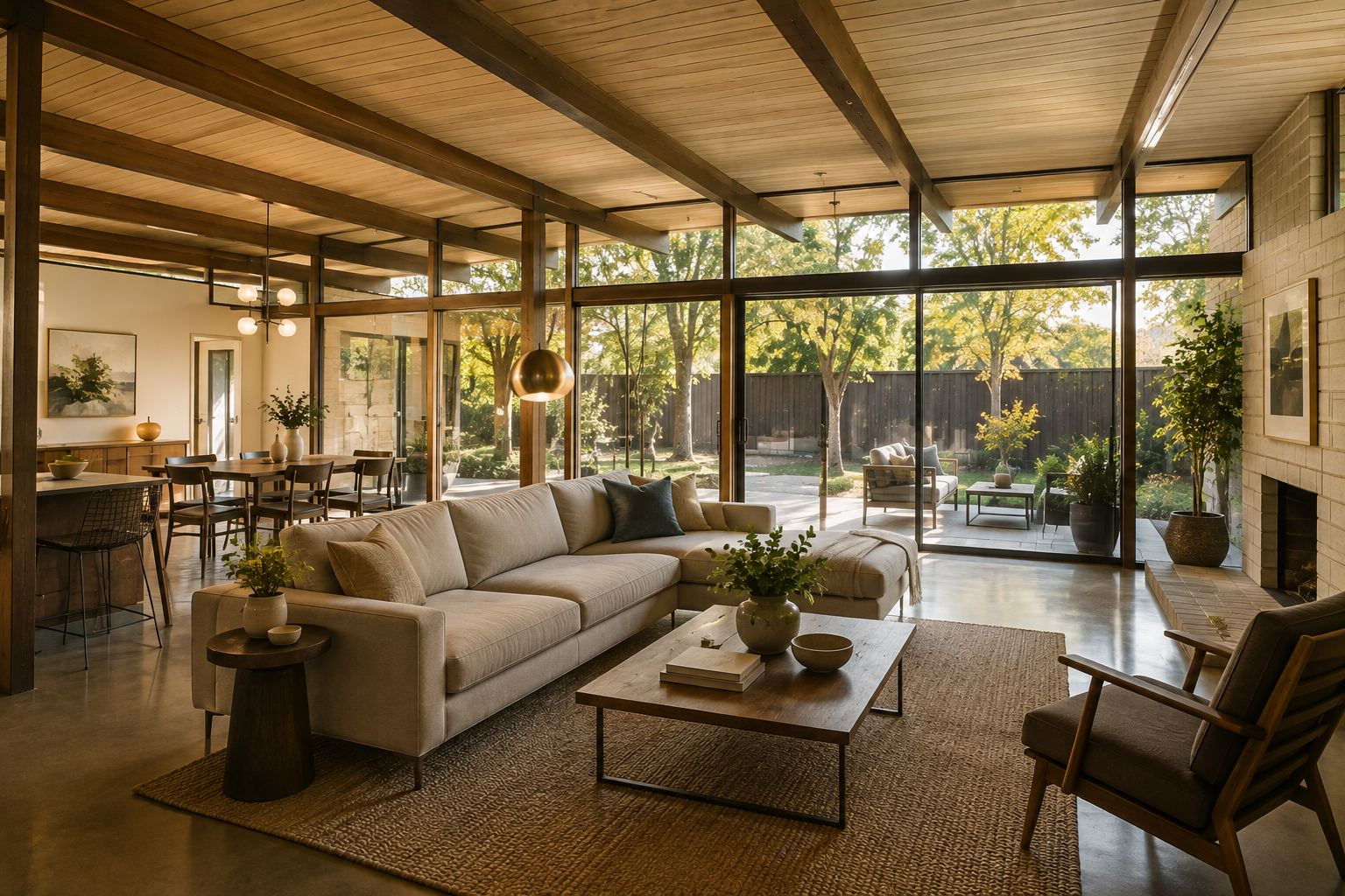 Mid-century modern Eichler home living room staged for sale in Orange, California