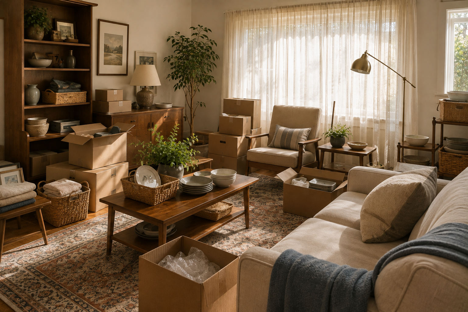 Estate sale preparation with organized boxes and furniture in a Central Orange County living room