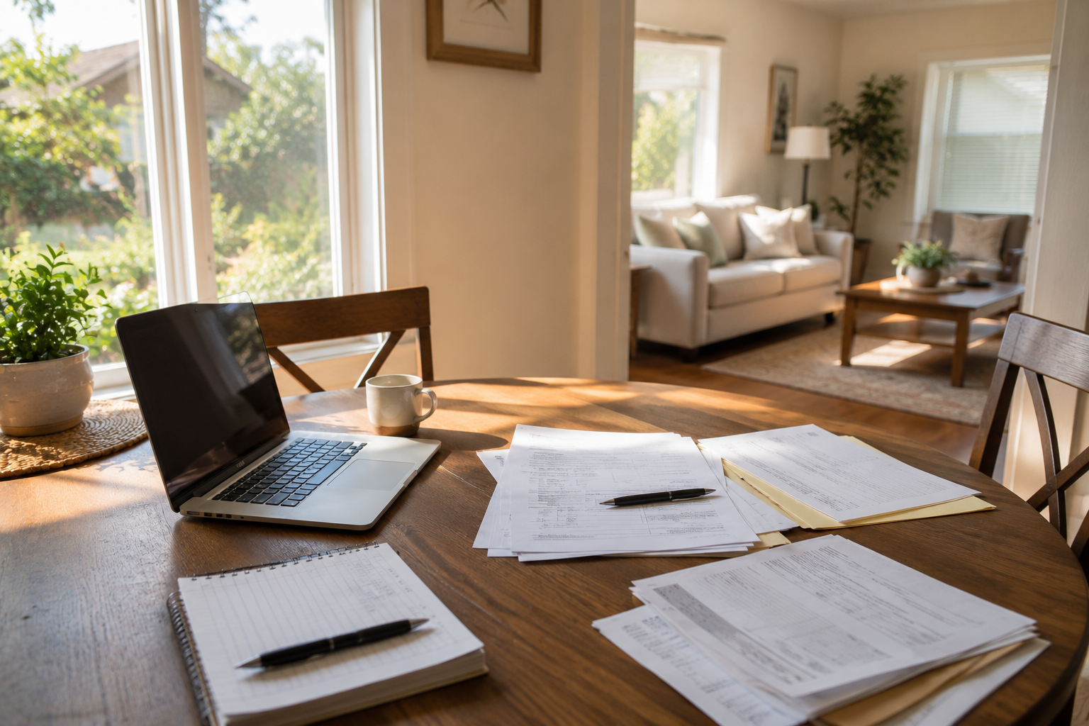 Family reviewing estate documents at kitchen table in a North Tustin ranch home