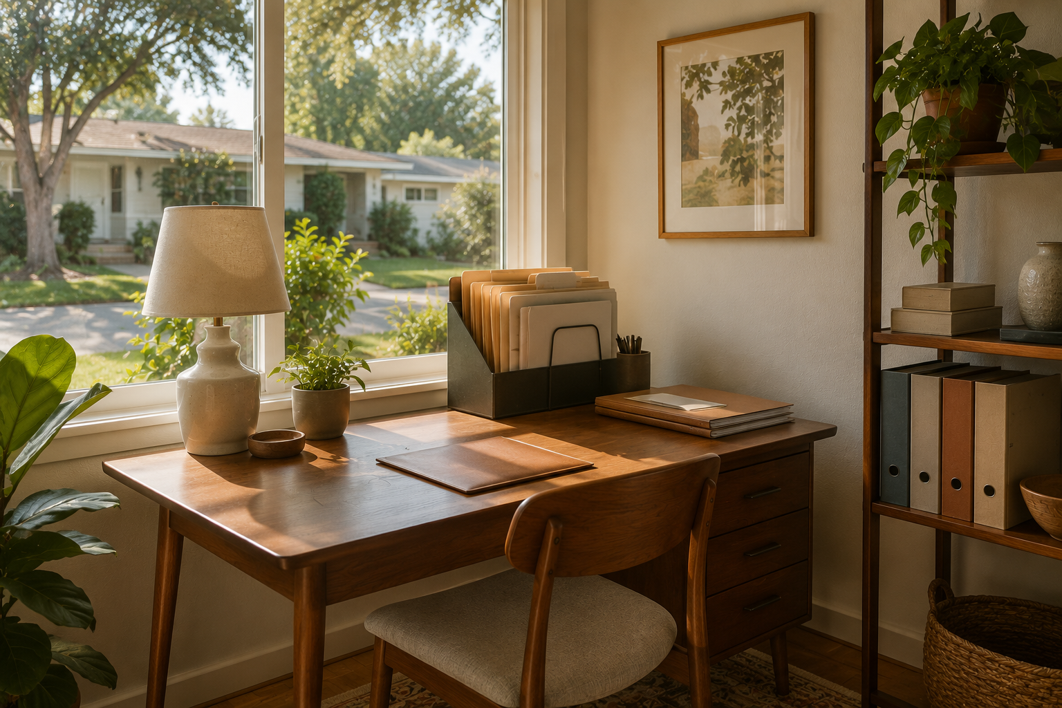Organized home office desk with estate paperwork, staged Orange County home interior