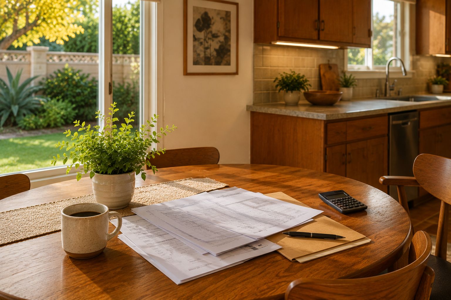 Adult child and elderly parent reviewing paperwork at a kitchen table in a Central Orange County home