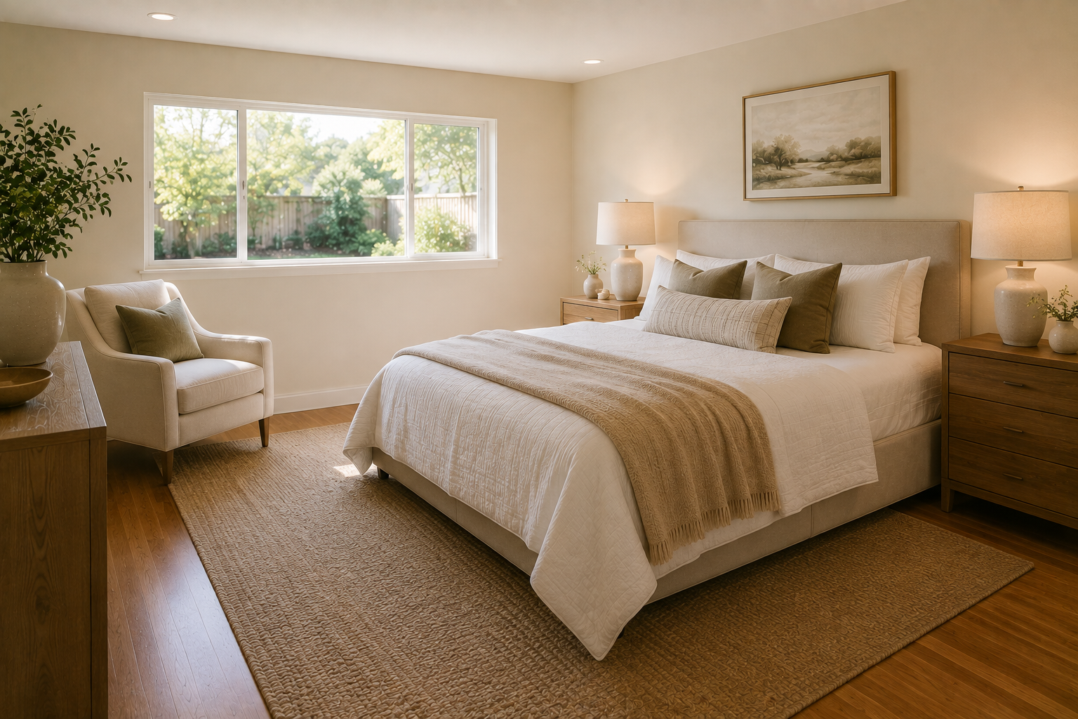 Staged bedroom in a single-story ranch home in North Tustin, Orange County
