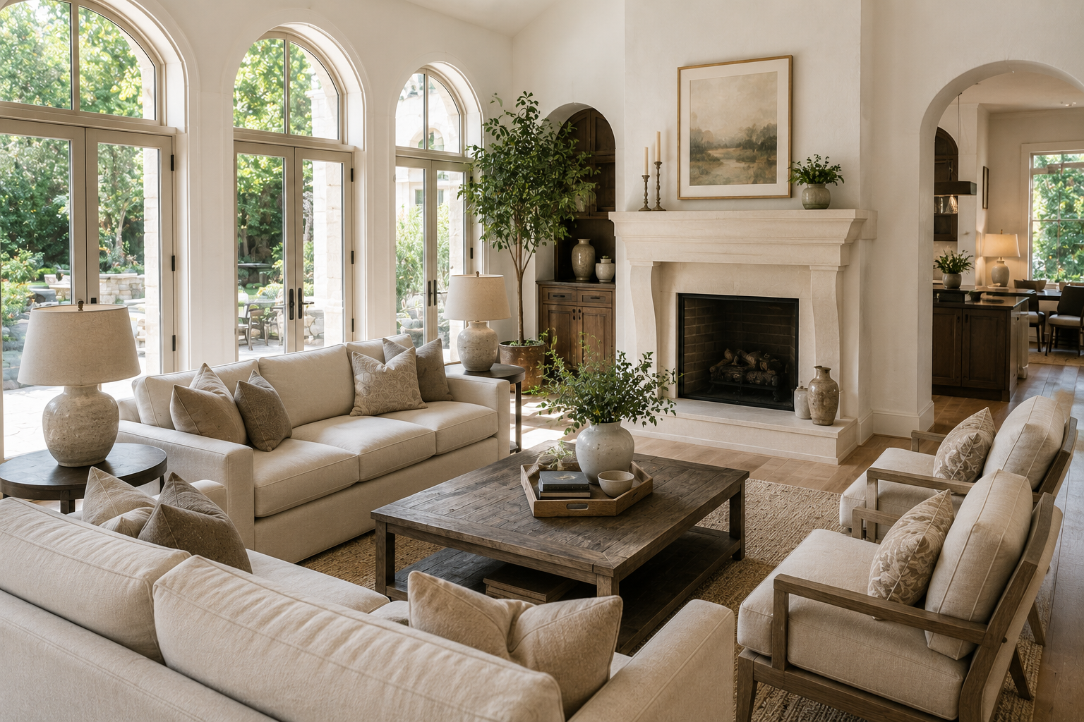 Bright staged living room in a North Tustin, CA family estate home