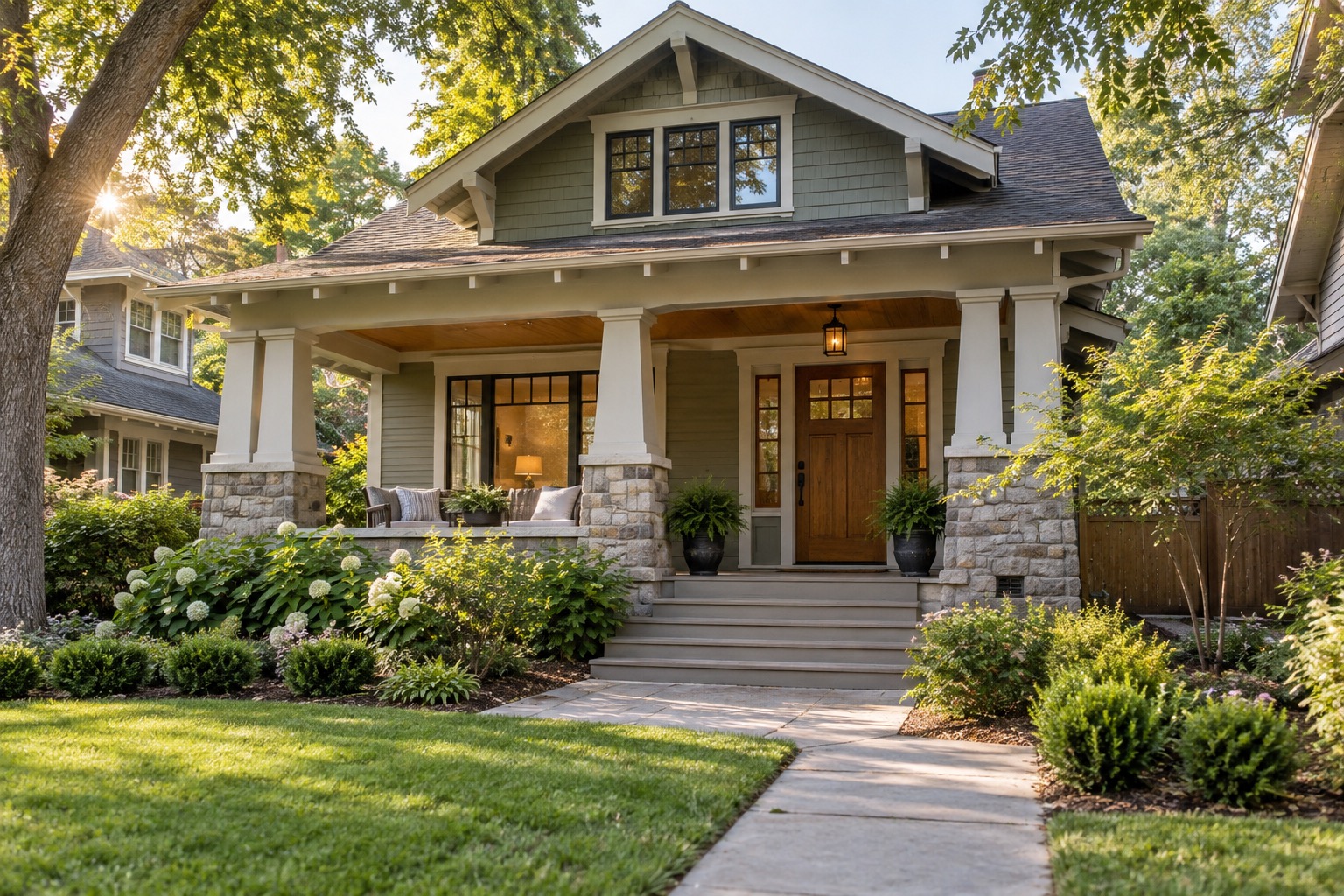 Craftsman character home exterior in Old Towne Orange representing a downsizing sale