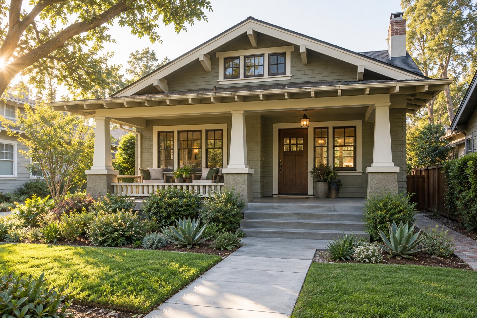 Craftsman bungalow exterior in Old Towne Orange, California, morning light