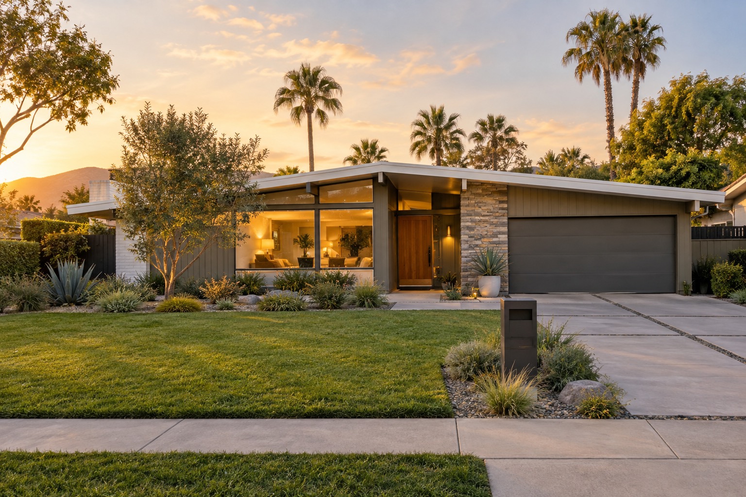 Single-story mid-century home exterior in a Central Orange County 55-plus community at golden hour