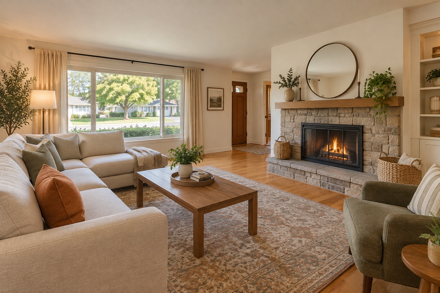 Warm, downsized living room staged for an Orange County senior home sale