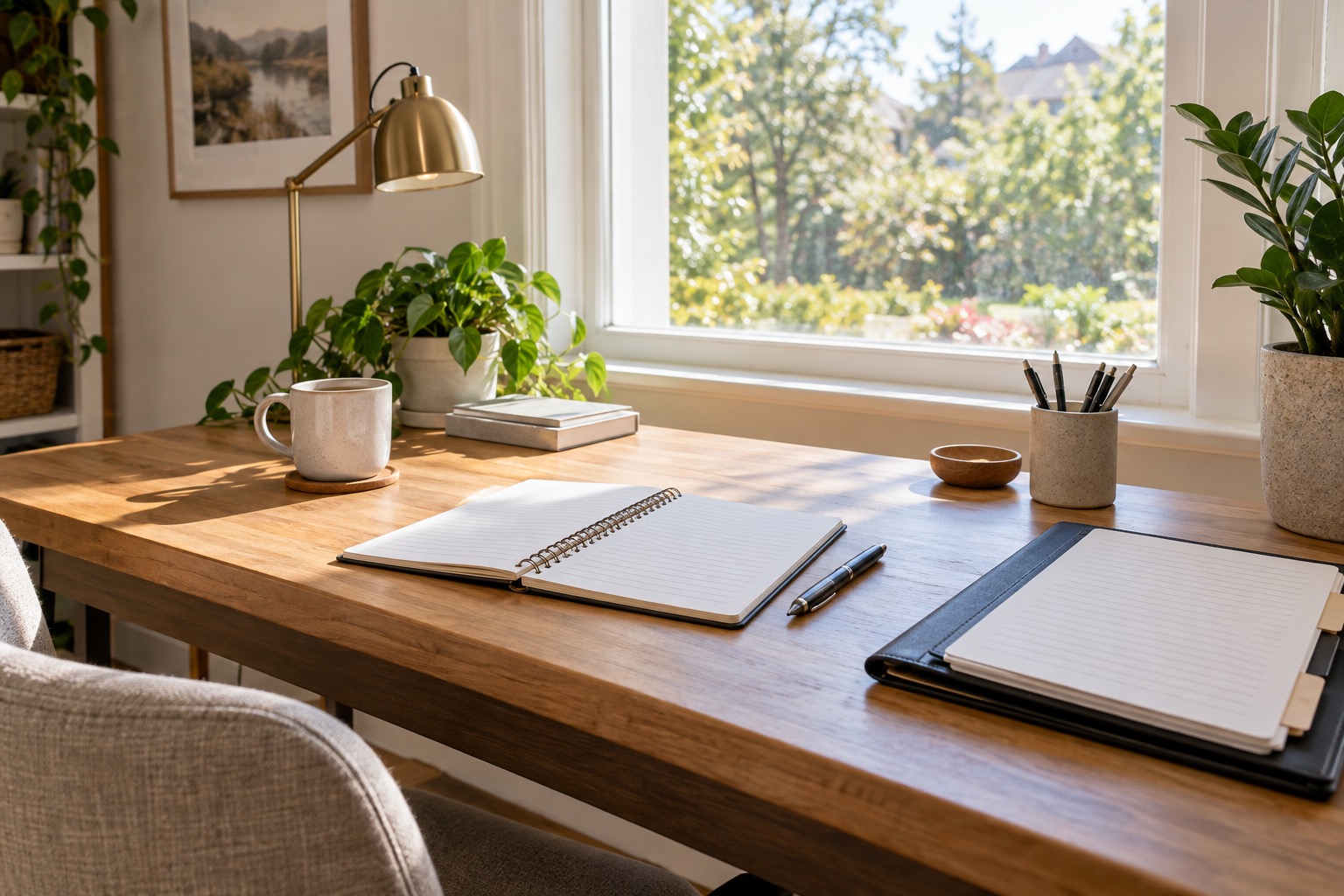 Home office setup with paperwork for real estate and Prop 19 planning in Orange County