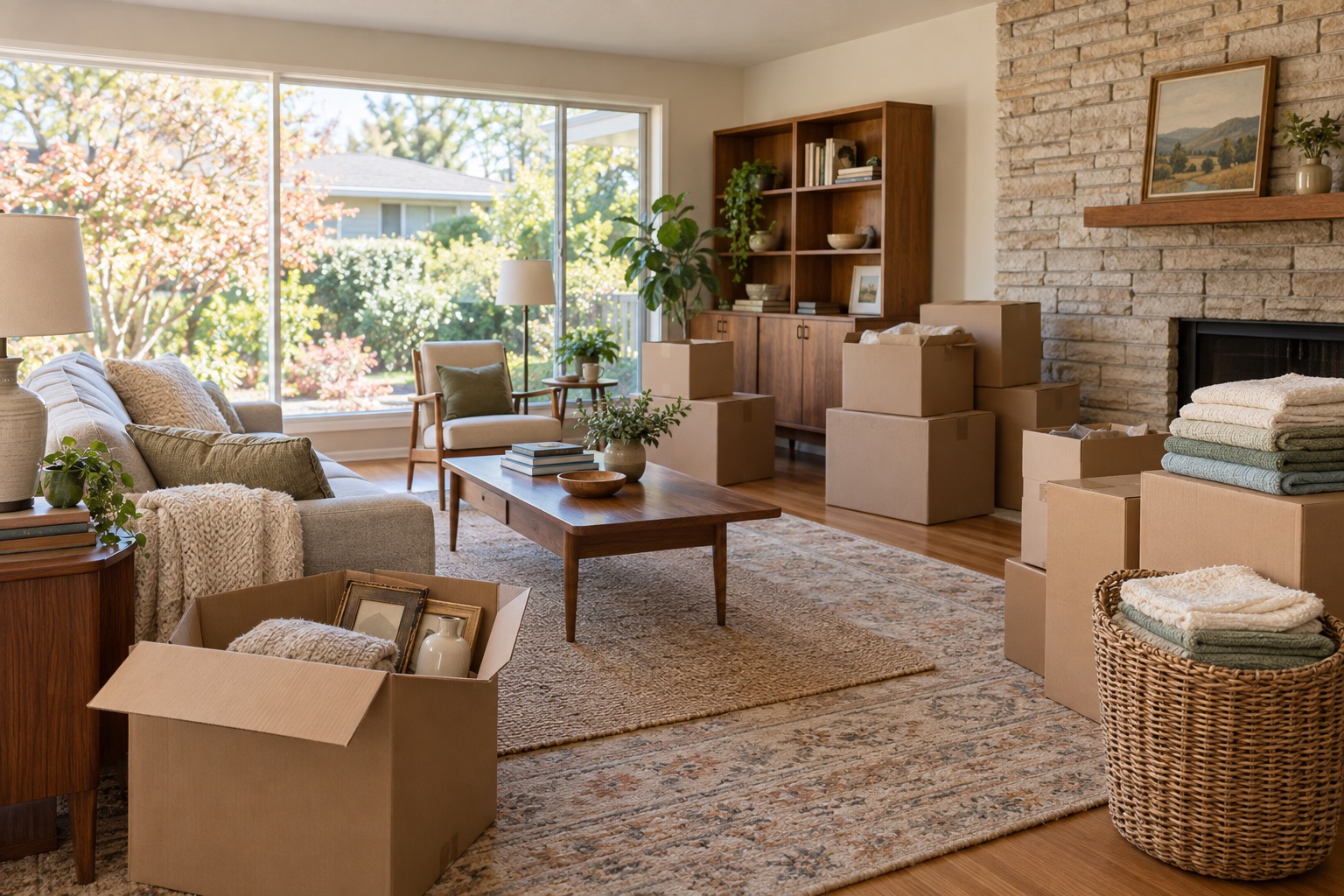 Labeled moving boxes and packing supplies in a Central Orange County living room during a senior downsizing sort