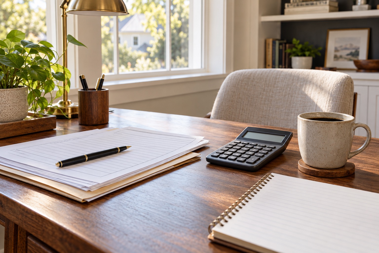 Homeowner reviewing property tax paperwork at a table in Orange, California