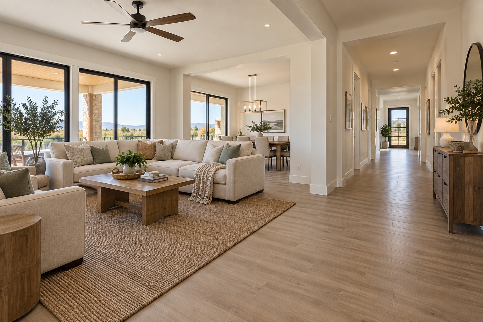 Bright single-story living room with wide hallway in a Central Orange County home