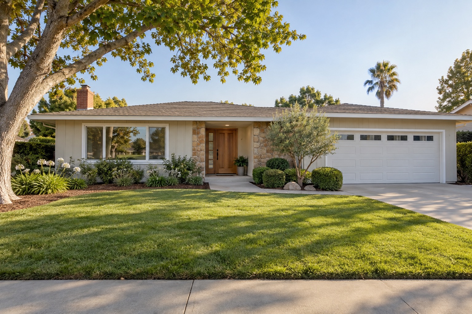 Single-story ranch home with concrete slab entry in Central Orange, CA